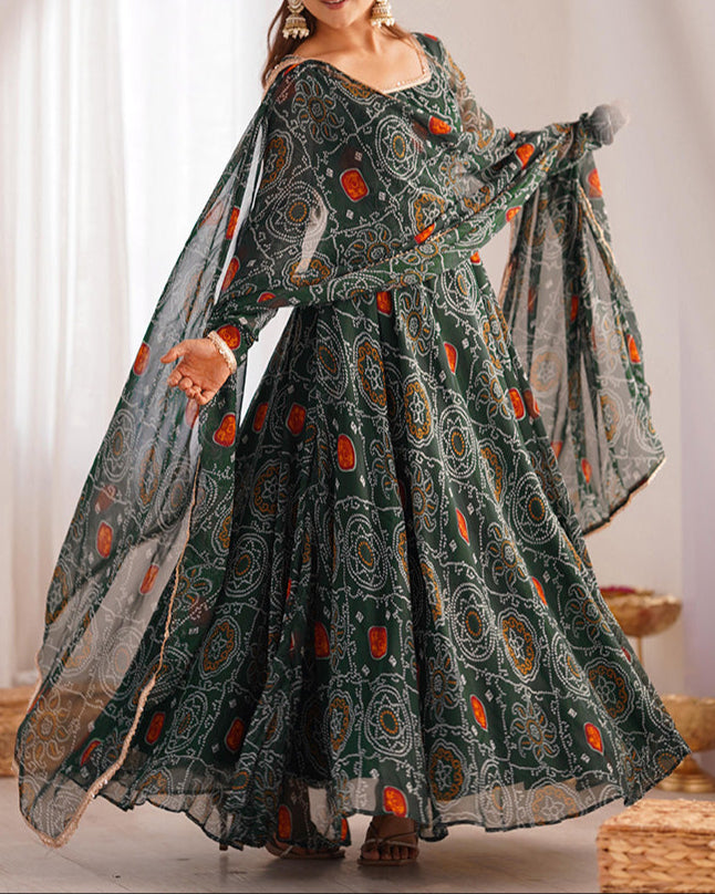 Pure Soft Lightweight Chiffon Bandhej Fully Flair Anarkali Set