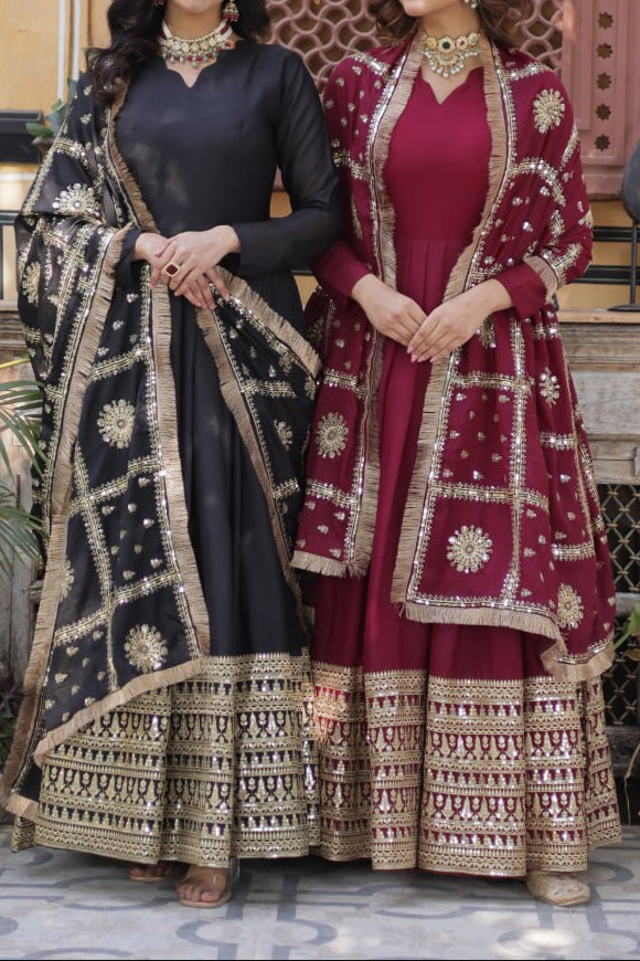 Embroidery Zari Sequence Work Gown With Dupatta