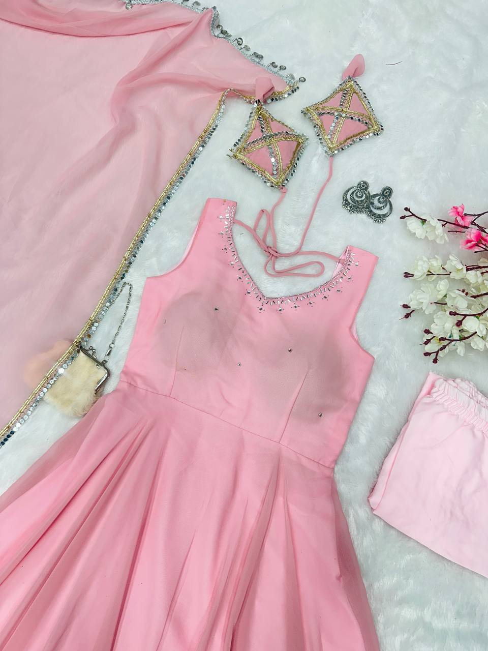 Running Wear Trending Anarkali Suit With Real Mirror Lace Work Dupatta