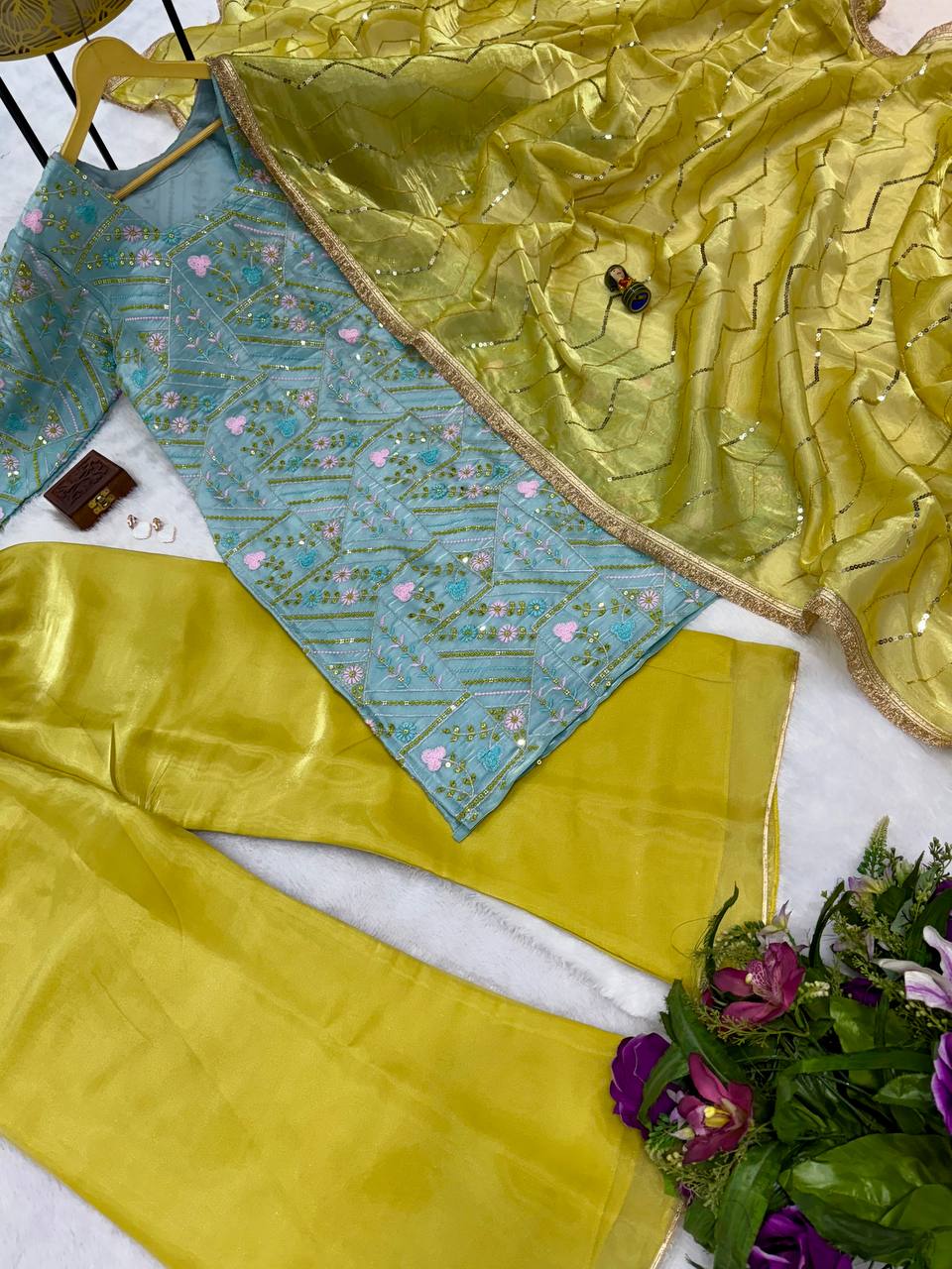 3 Peice Kurti Set With Fully Embroidery Work On Jimmy Choo Palazzo Pent