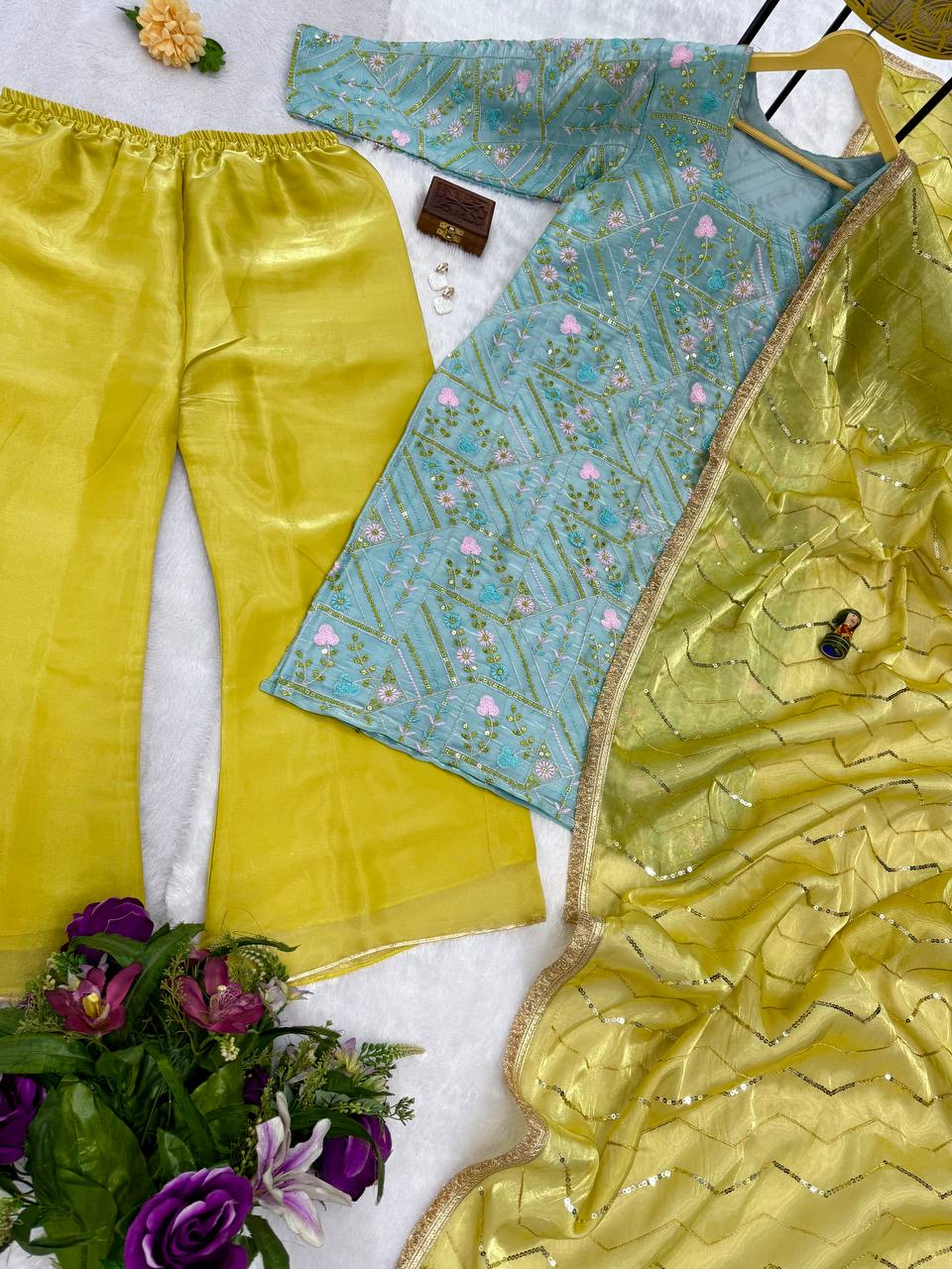 3 Peice Kurti Set With Fully Embroidery Work On Jimmy Choo Palazzo Pent
