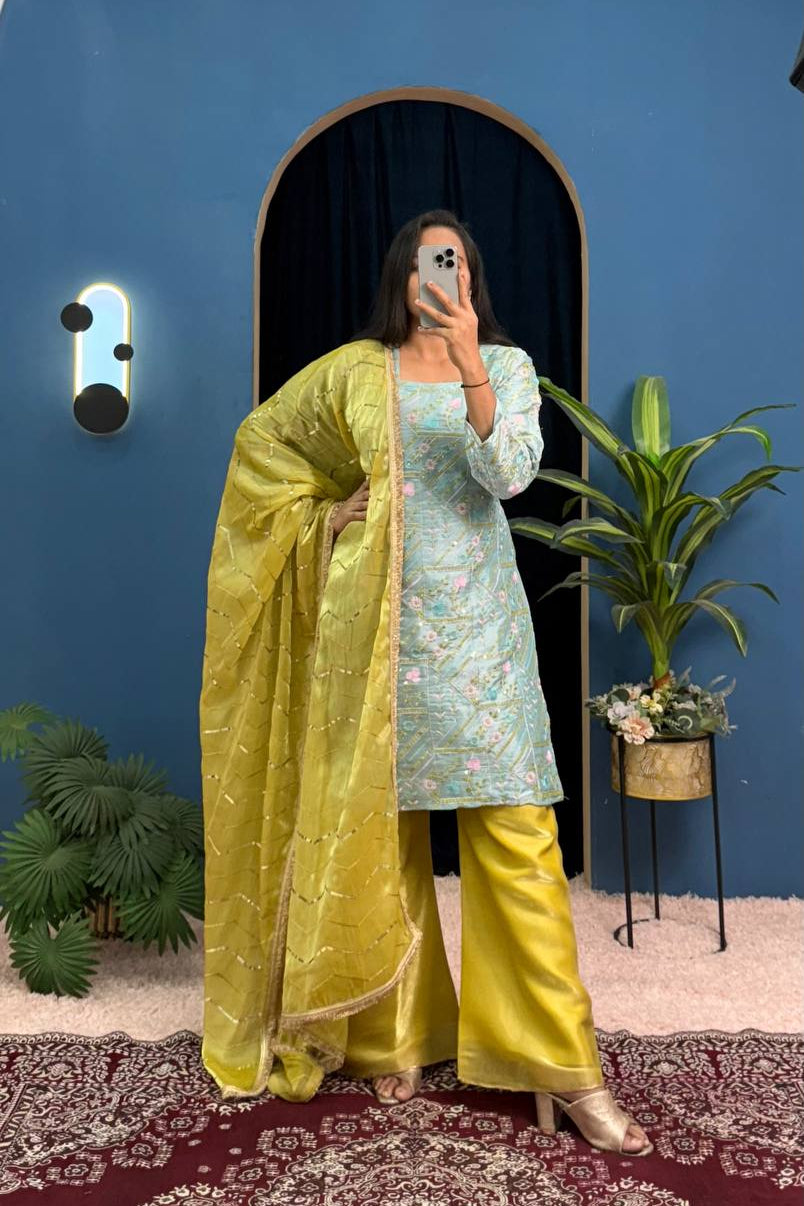 3 Peice Kurti Set With Fully Embroidery Work On Jimmy Choo Palazzo Pent