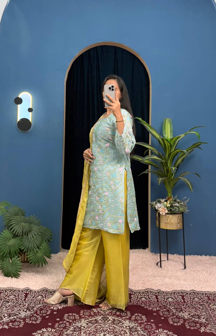 3 Peice Kurti Set With Fully Embroidery Work On Jimmy Choo Palazzo Pent