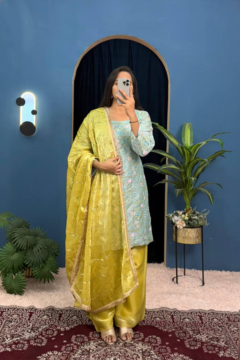 3 Peice Kurti Set With Fully Embroidery Work On Jimmy Choo Palazzo Pent