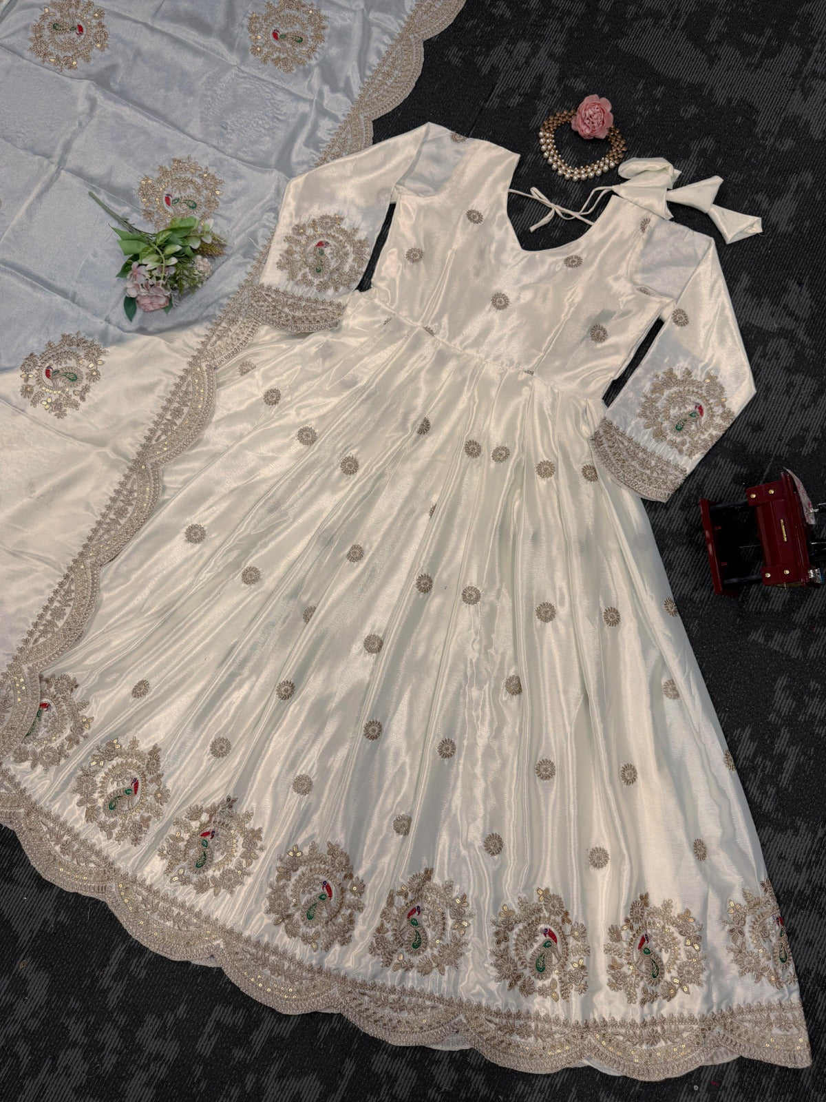 Designer Gown Sequence Work On Chinon Silk Fabric