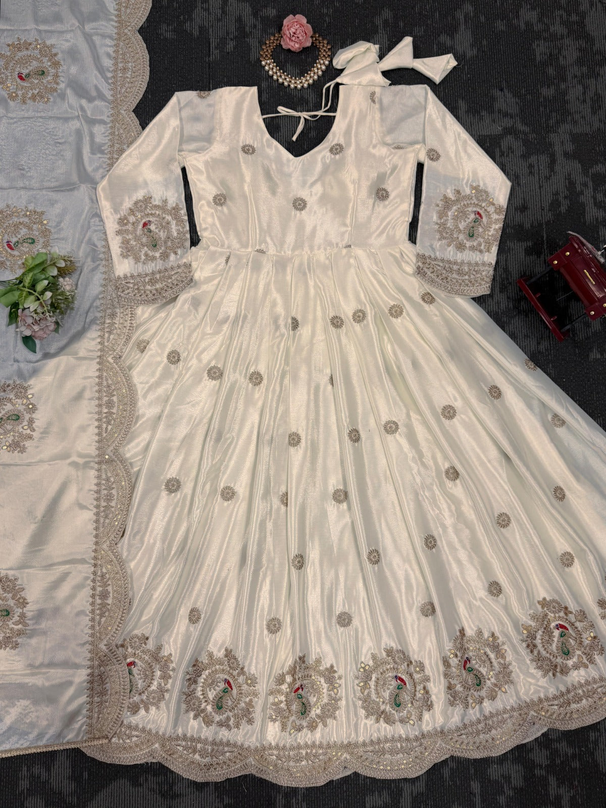 Designer Gown Sequence Work On Chinon Silk Fabric