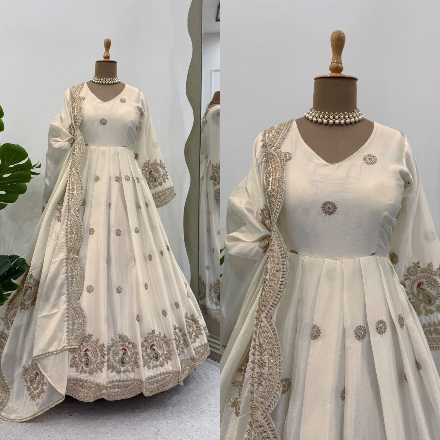 Designer Gown Sequence Work On Chinon Silk Fabric