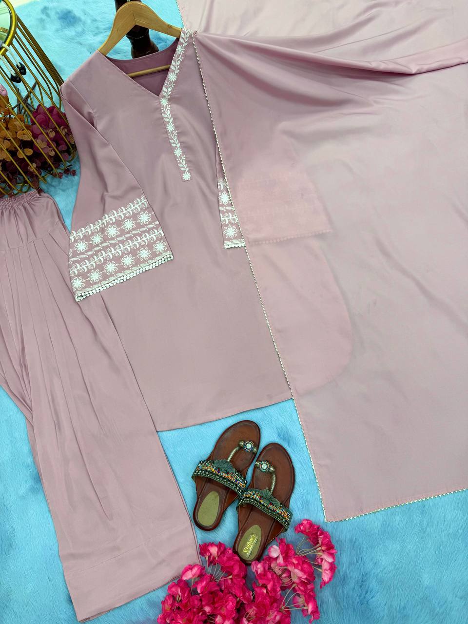 Party Wear Natural Satin Top Palazzo & Dupatta Set