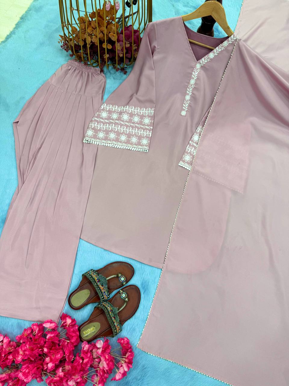 Party Wear Natural Satin Top Palazzo & Dupatta Set