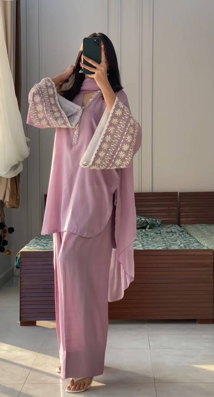 Party Wear Natural Satin Top Palazzo & Dupatta Set