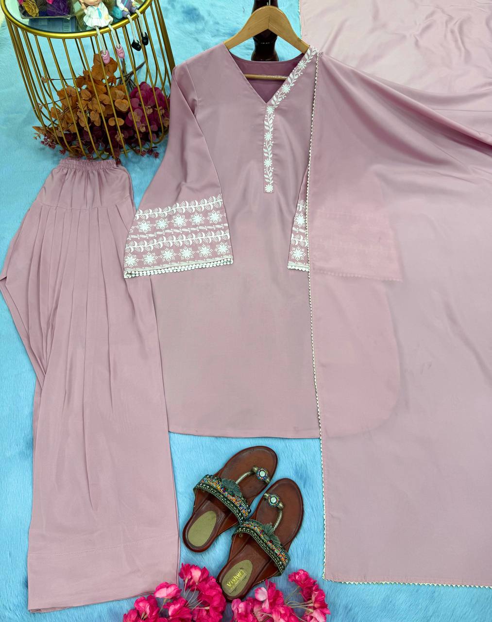 Party Wear Natural Satin Top Palazzo & Dupatta Set