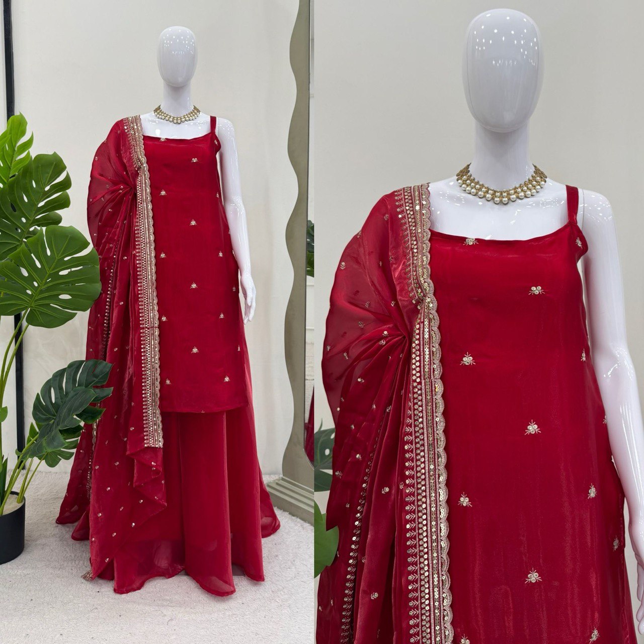 Wedding Special Thread With Sequence Work Top Plazzo & Dupatta Set