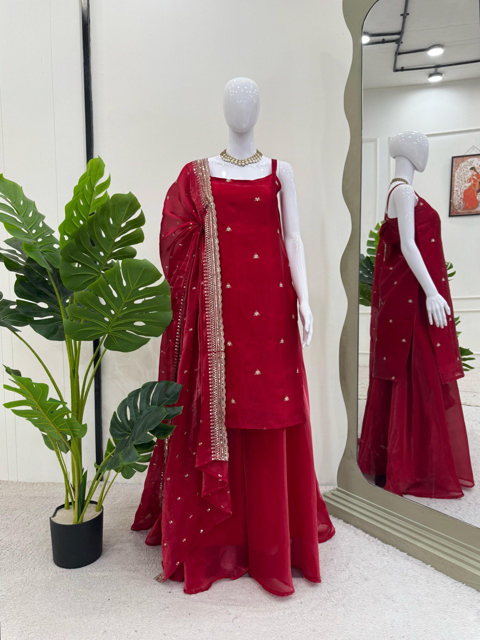 Wedding Special Thread With Sequence Work Top Plazzo & Dupatta Set