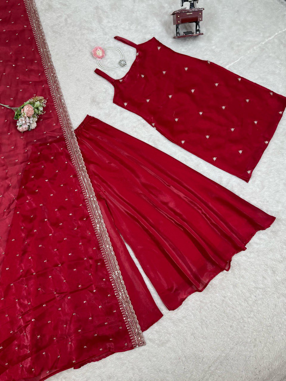 Wedding Special Thread With Sequence Work Top Plazzo & Dupatta Set