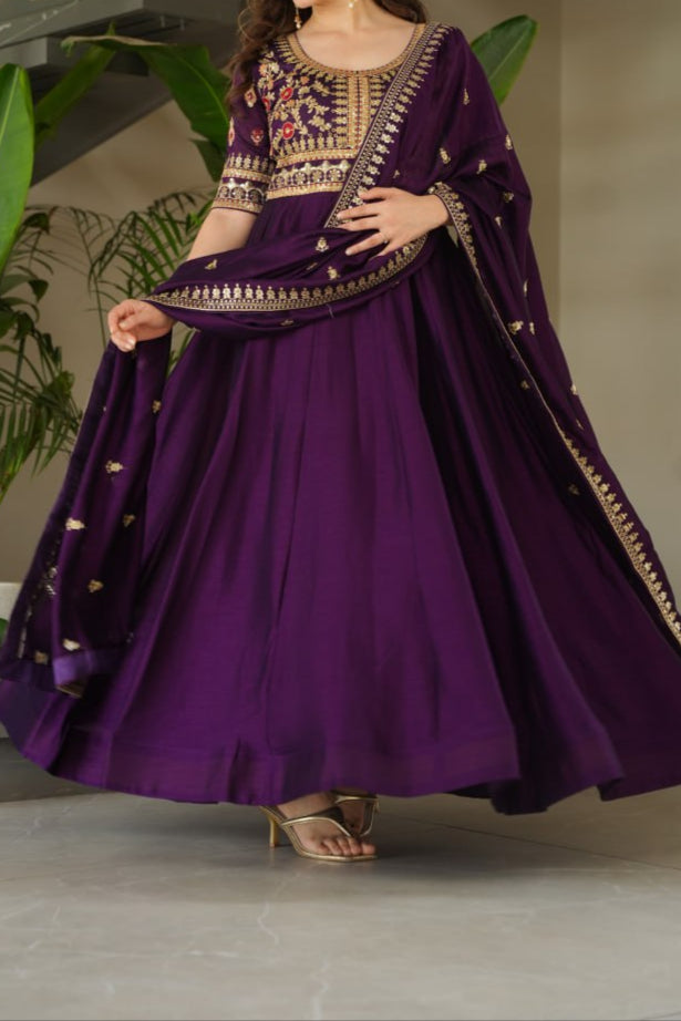 Sequence & Zari Embroidered Work Gown With Dupatta