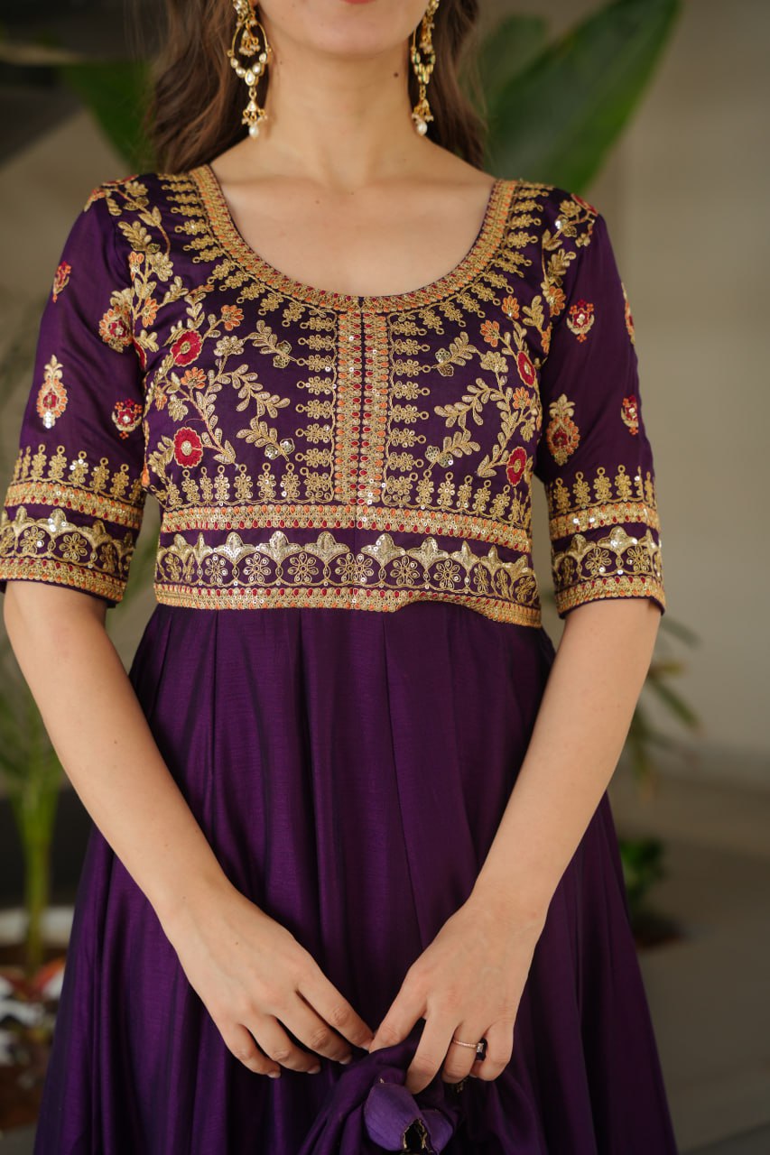 Sequence & Zari Embroidered Work Gown With Dupatta