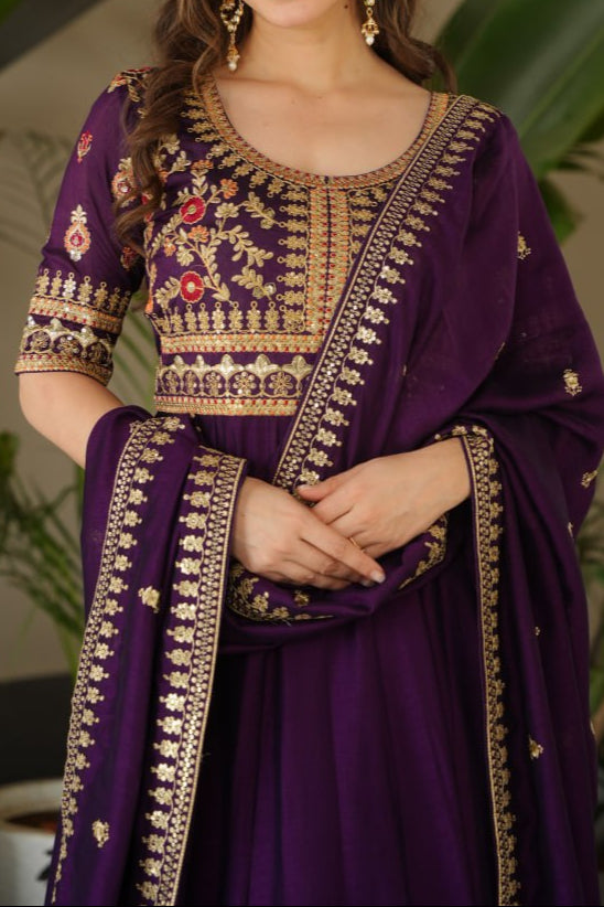 Sequence & Zari Embroidered Work Gown With Dupatta