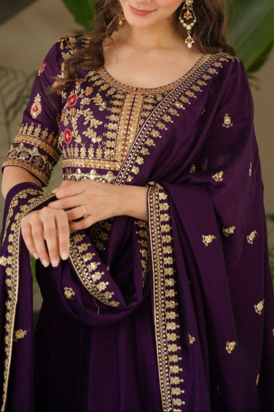 Sequence & Zari Embroidered Work Gown With Dupatta