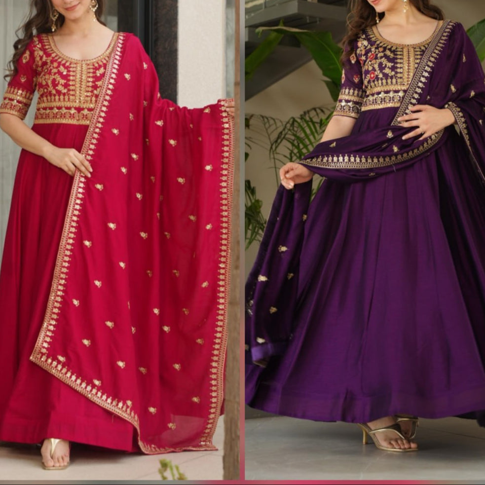 Sequence & Zari Embroidered Work Gown With Dupatta