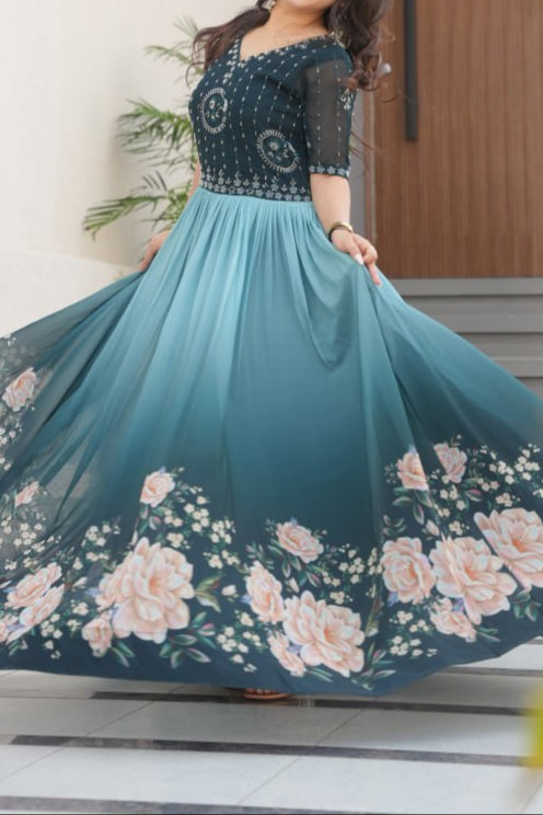 Wedding Special Beads Embroidered Work & Rich Floral Pedding Digital Print Gown