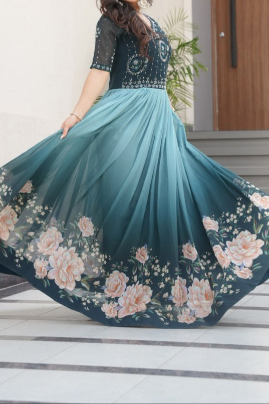 Wedding Special Beads Embroidered Work & Rich Floral Pedding Digital Print Gown