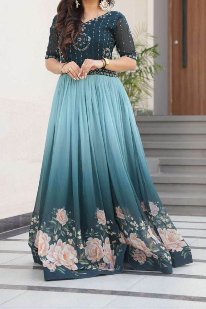 Wedding Special Beads Embroidered Work & Rich Floral Pedding Digital Print Gown