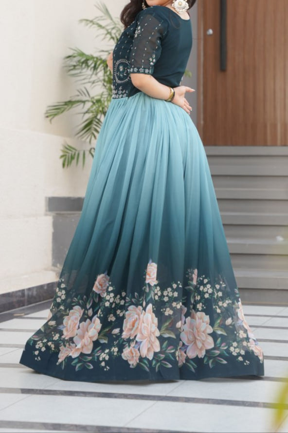 Wedding Special Beads Embroidered Work & Rich Floral Pedding Digital Print Gown
