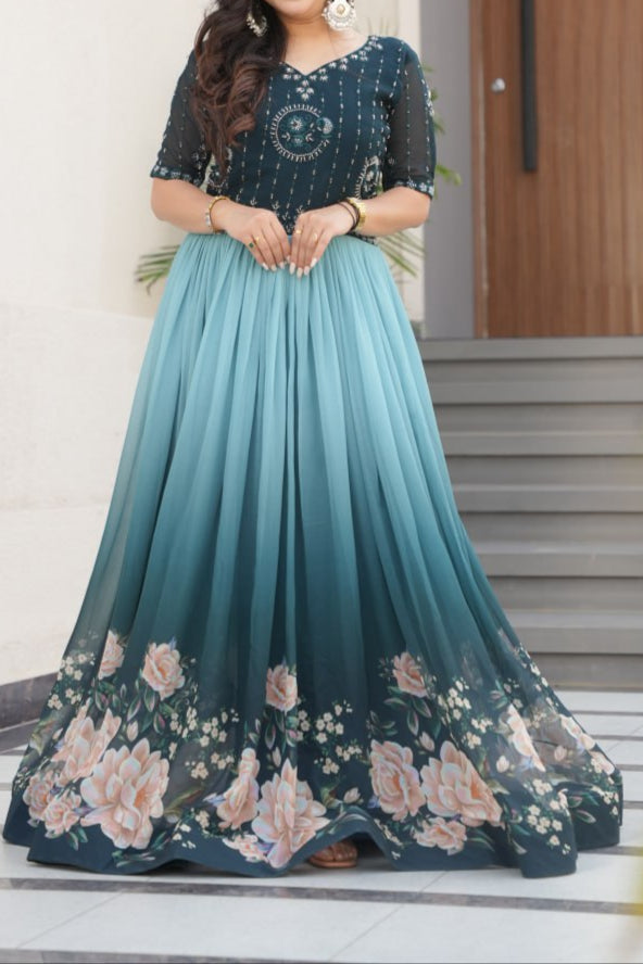 Wedding Special Beads Embroidered Work & Rich Floral Pedding Digital Print Gown