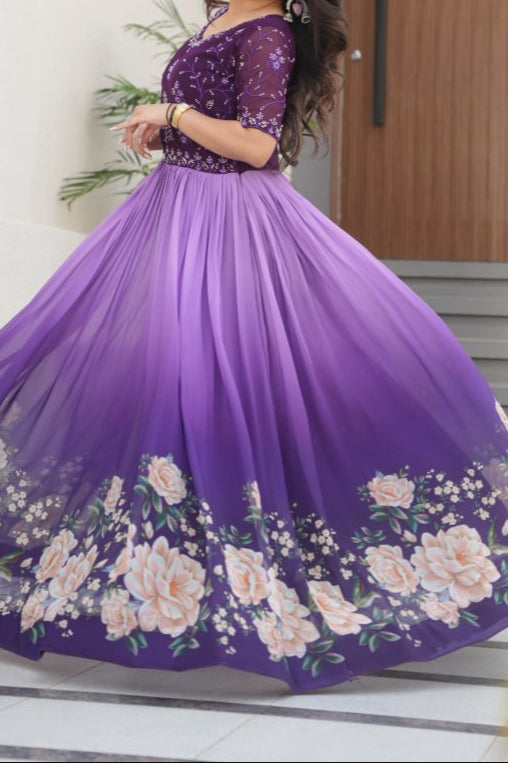 Wedding Special Beads Embroidered Work & Rich Floral Pedding Digital Print Gown
