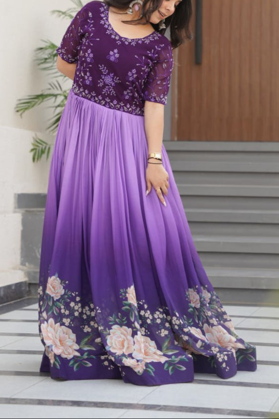 Wedding Special Beads Embroidered Work & Rich Floral Pedding Digital Print Gown