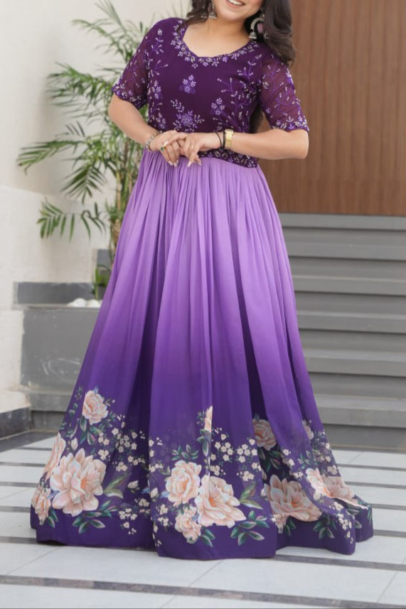 Wedding Special Beads Embroidered Work & Rich Floral Pedding Digital Print Gown