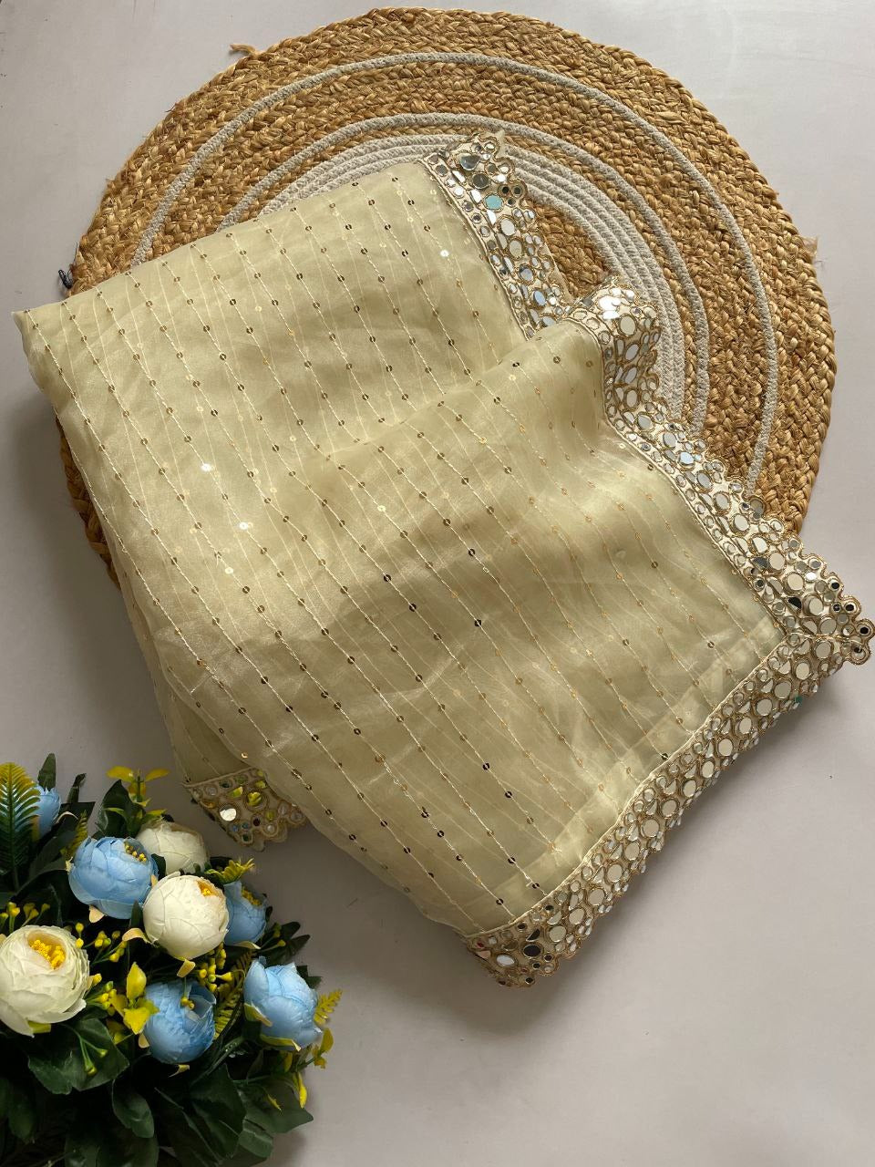 Organza Silk Real Mirror Work Sequence Work Saree