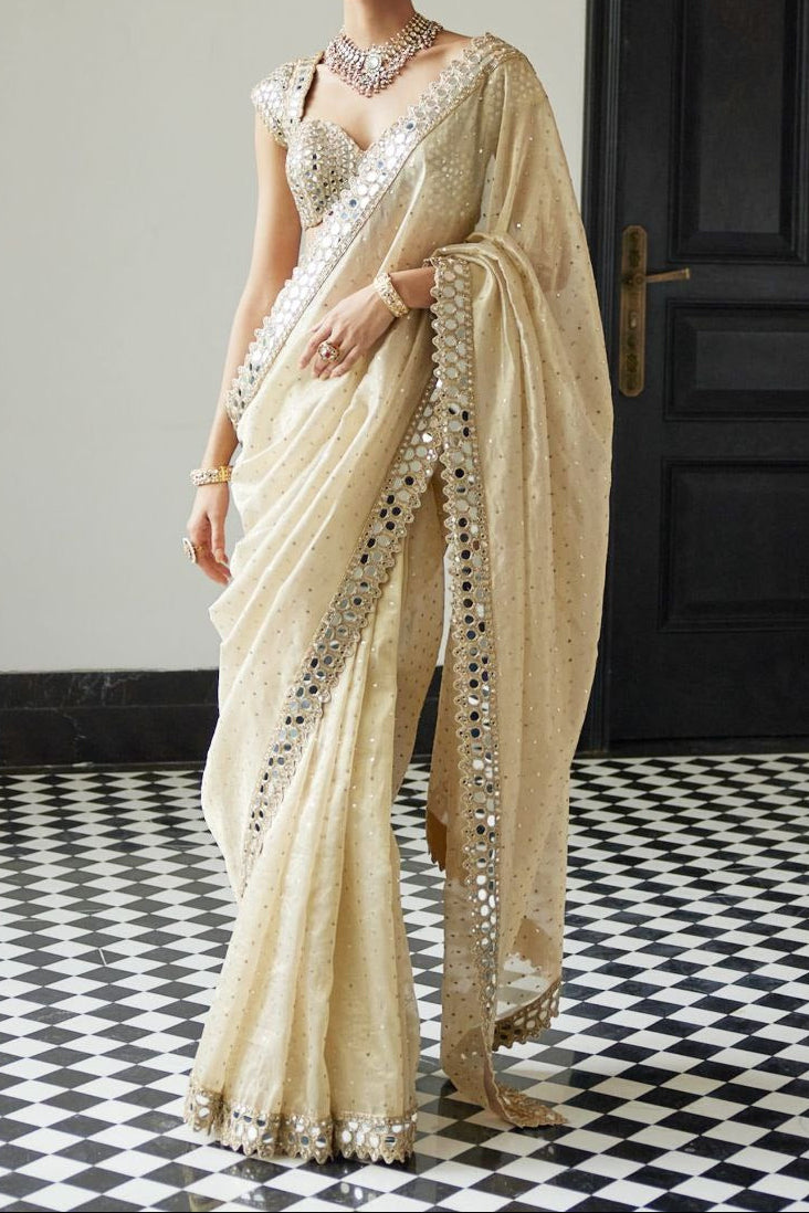 Organza Silk Real Mirror Work Sequence Work Saree