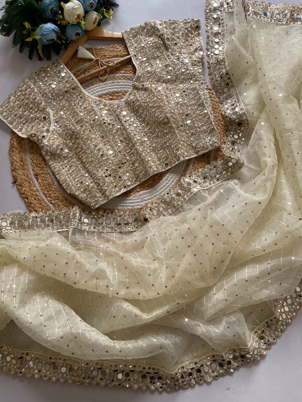 Organza Silk Real Mirror Work Sequence Work Saree