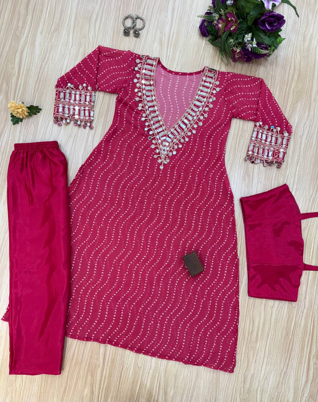 Beautiful Georgette Digital Printed Mirror Work Kurti Set