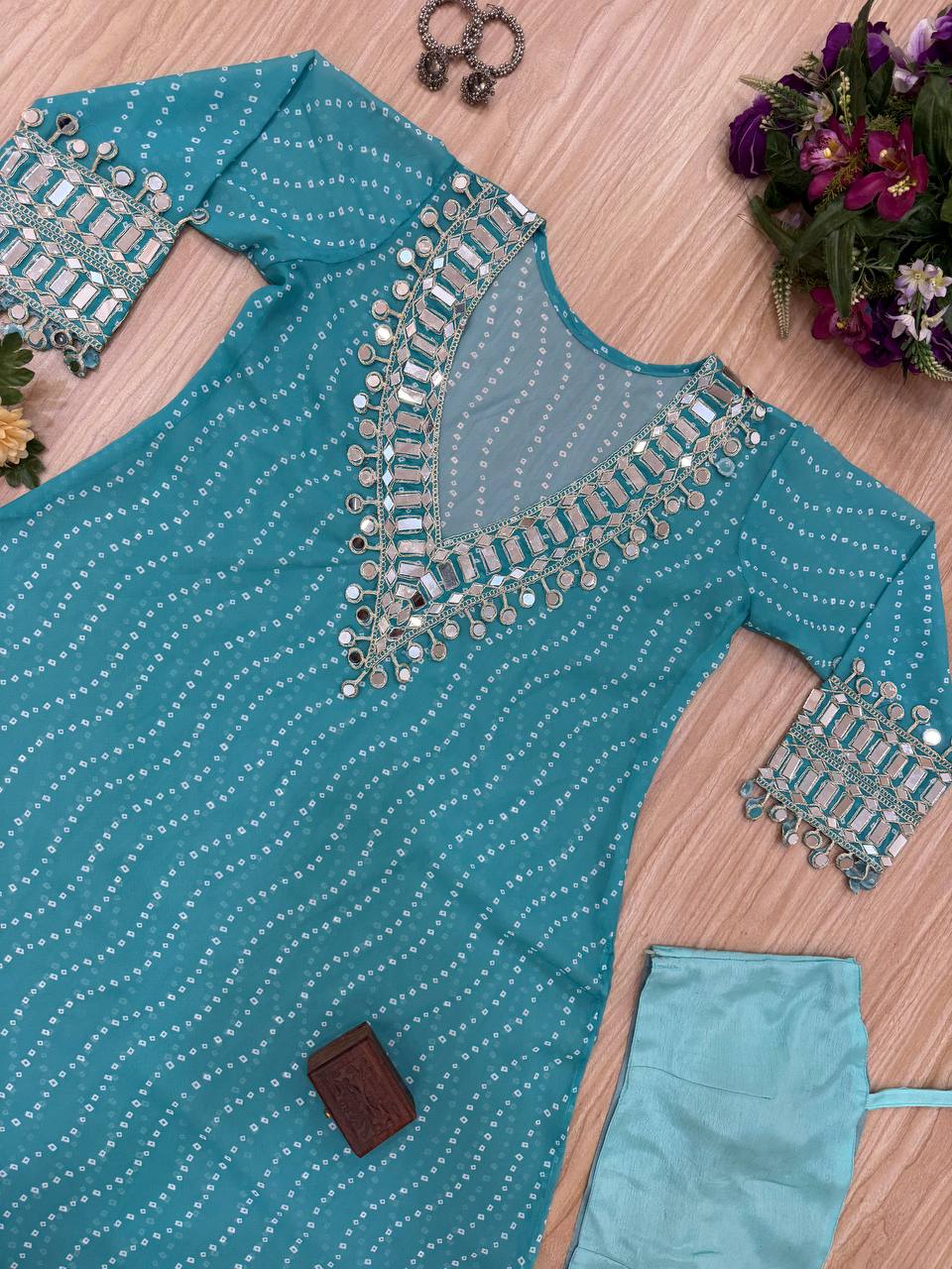 Beautiful Georgette Digital Printed Mirror Work Kurti Set