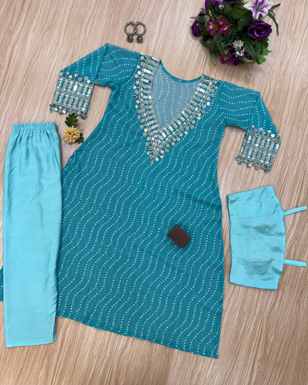Beautiful Georgette Digital Printed Mirror Work Kurti Set