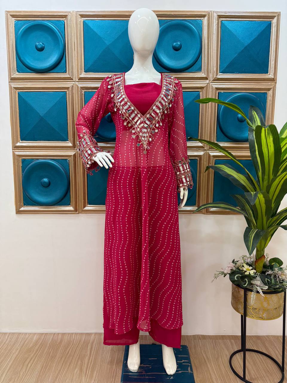 Beautiful Georgette Digital Printed Mirror Work Kurti Set