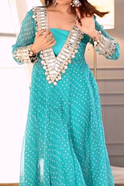 Beautiful Georgette Digital Printed Mirror Work Kurti Set