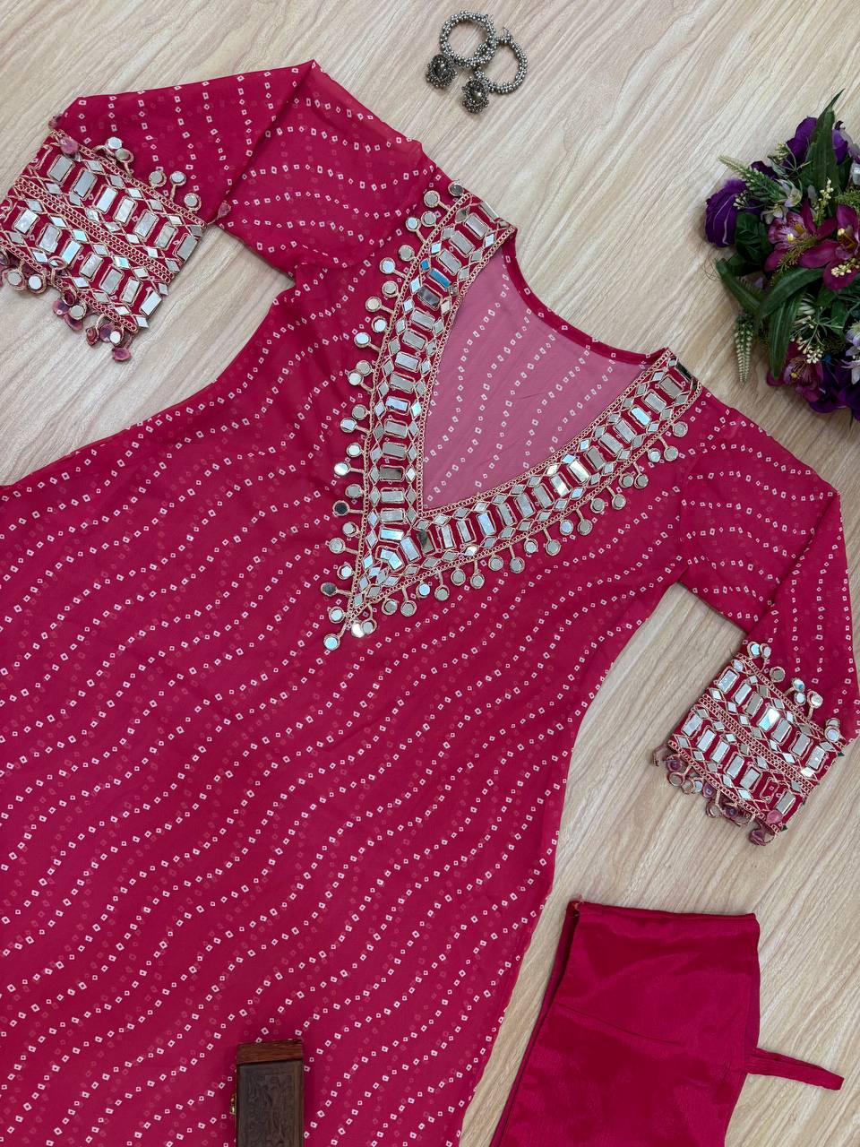 Beautiful Georgette Digital Printed Mirror Work Kurti Set