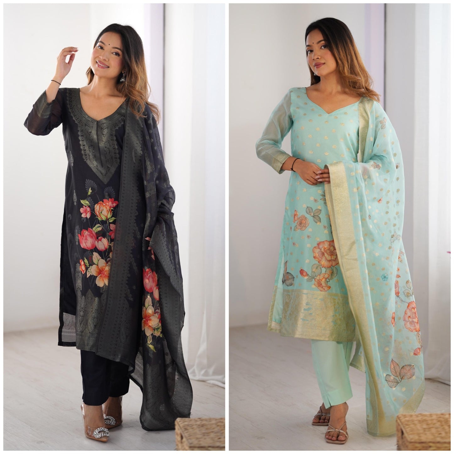 Chanderi Silk Jacquard Work With Digital Print Suit Set