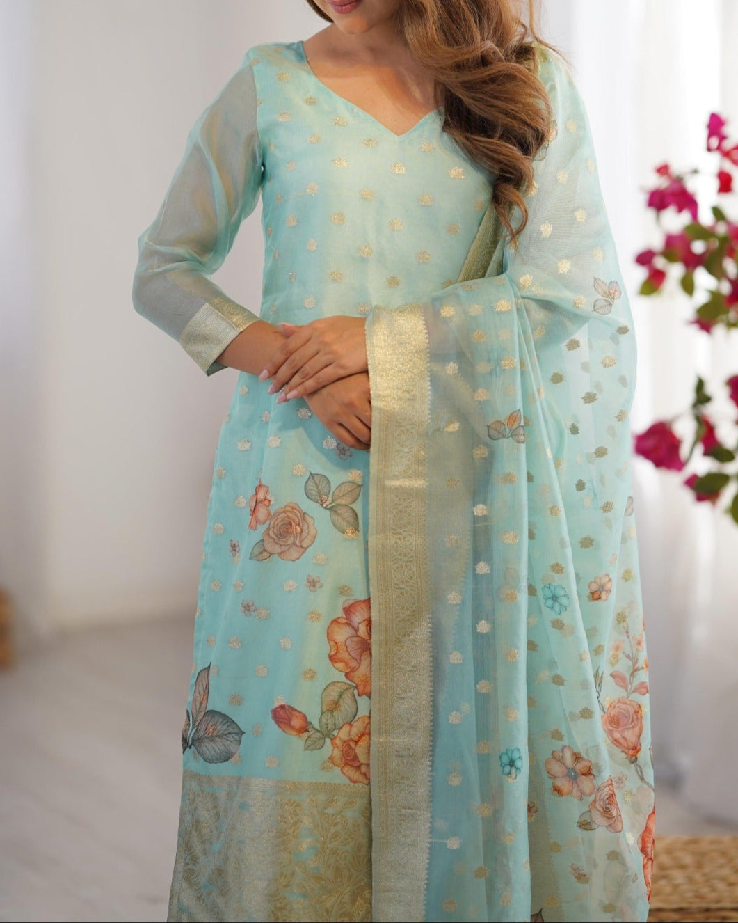 Chanderi Silk Jacquard Work With Digital Print Suit Set