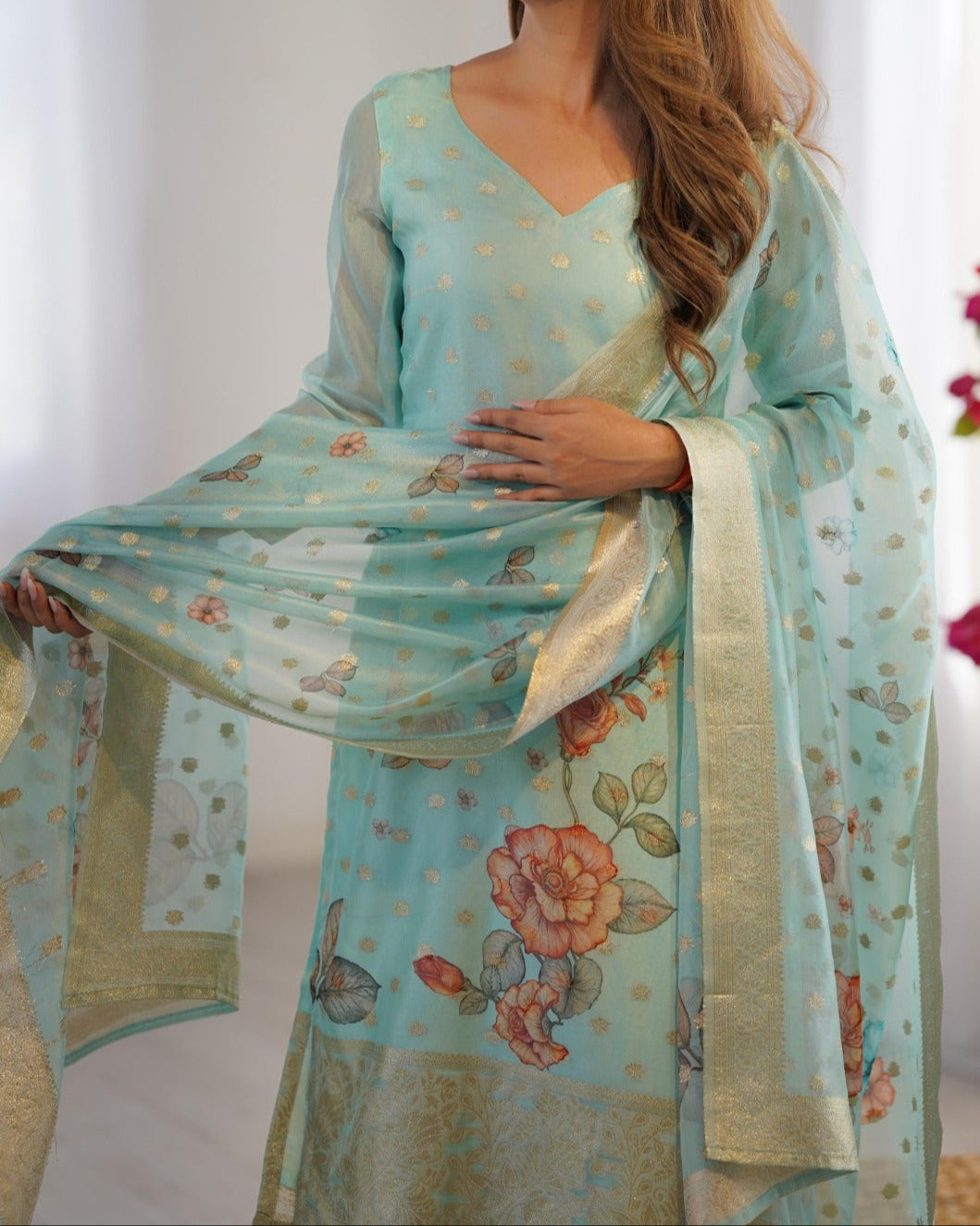 Chanderi Silk Jacquard Work With Digital Print Suit Set