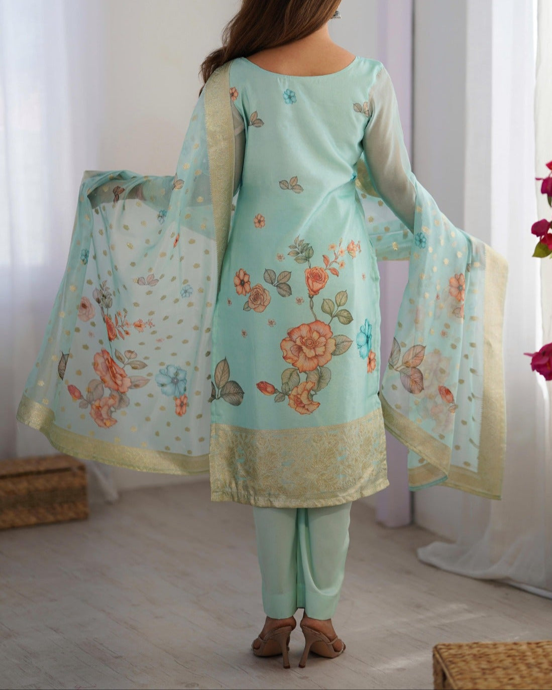 Chanderi Silk Jacquard Work With Digital Print Suit Set
