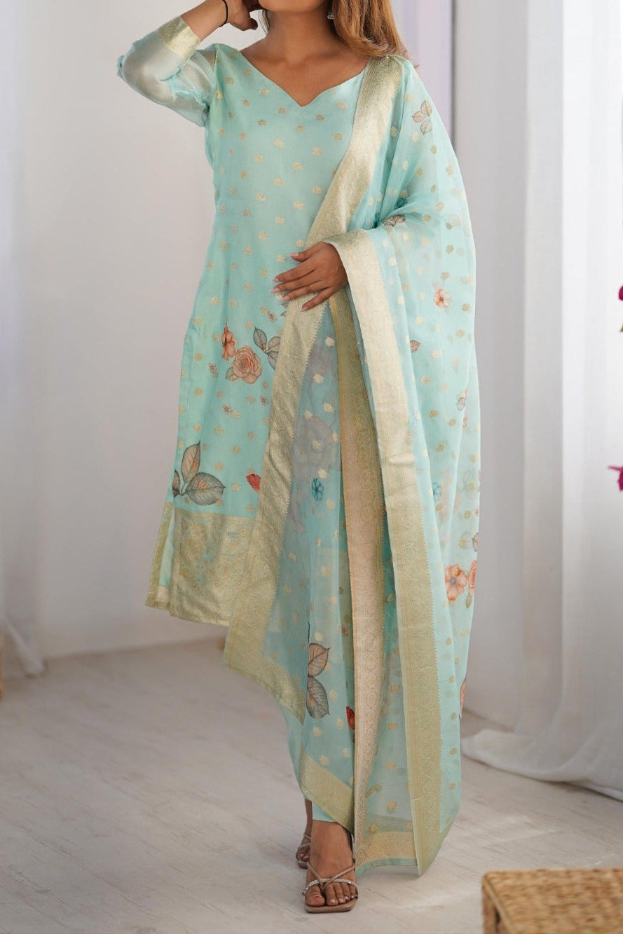 Chanderi Silk Jacquard Work With Digital Print Suit Set