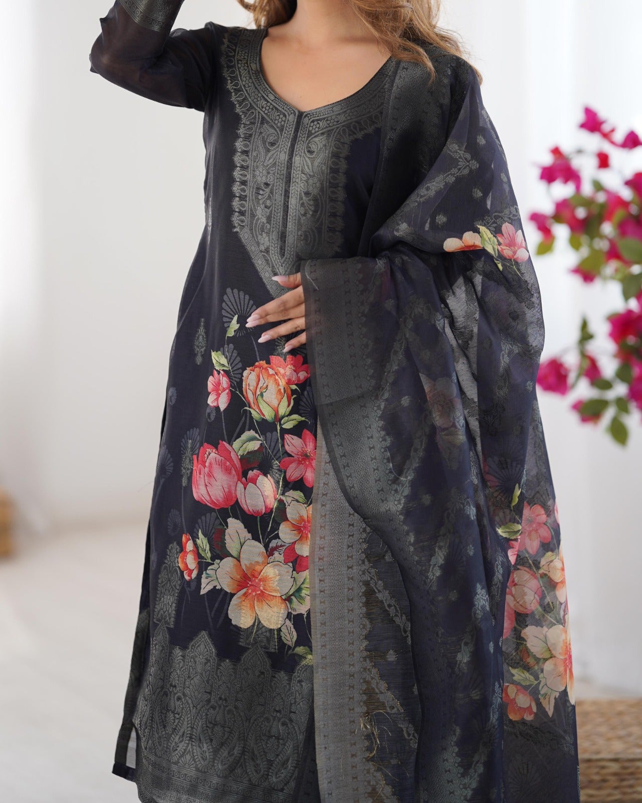 Chanderi Silk Jacquard Work With Digital Print Suit Set