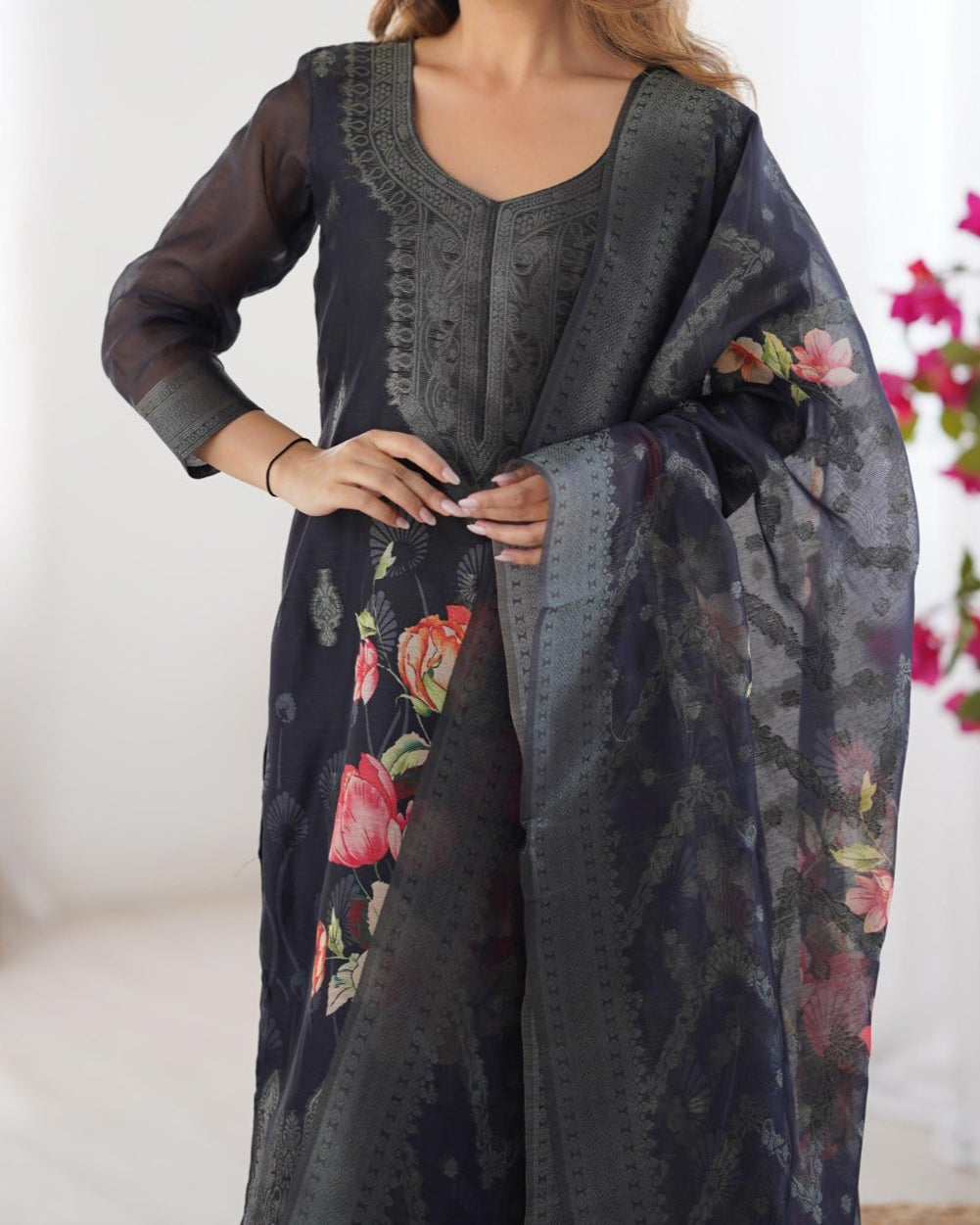 Chanderi Silk Jacquard Work With Digital Print Suit Set