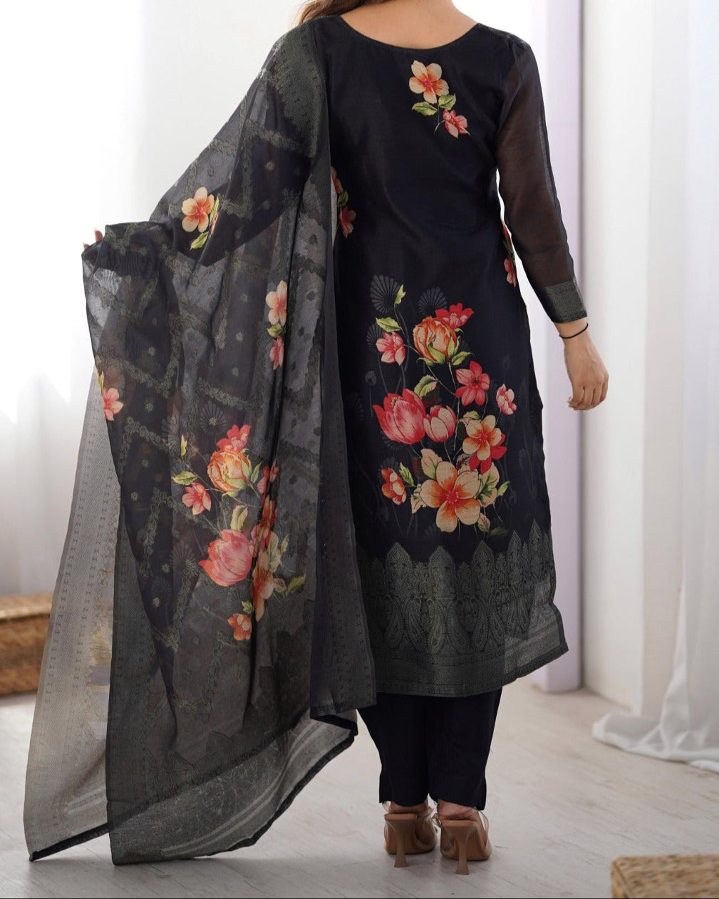 Chanderi Silk Jacquard Work With Digital Print Suit Set