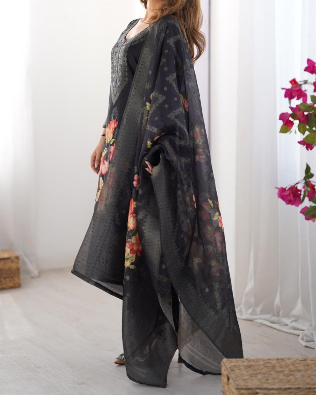 Chanderi Silk Jacquard Work With Digital Print Suit Set
