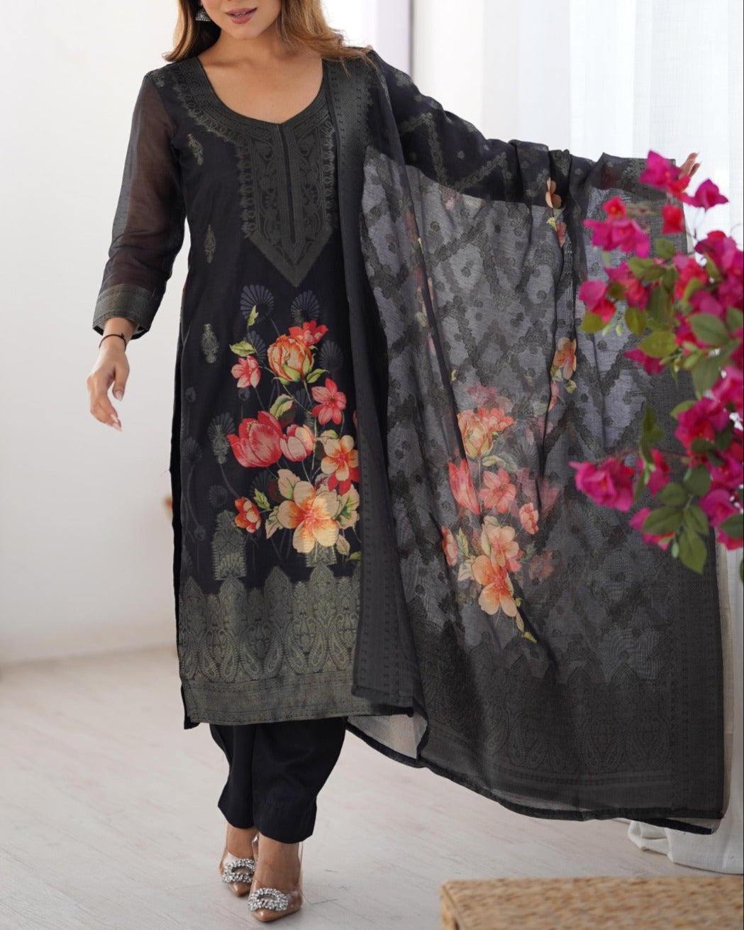 Chanderi Silk Jacquard Work With Digital Print Suit Set
